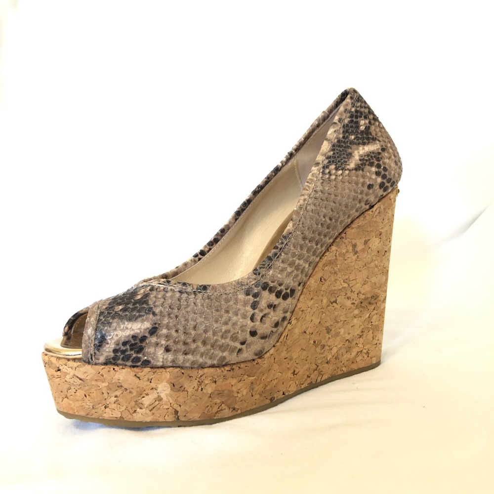 Peep Toe JIMMY CHOO Papina Snake-Print Cork Wedge in Desert Size 38 1/2